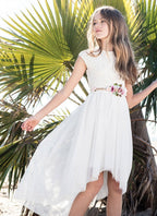 LA Merchandise LAZSLD1177 Girls Lace Scoop Neck High-Low A-Line Dress with Floral Belt - Ivory - Girls Formal Dresses LAZ