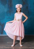 LA Merchandise LAZSLD1177 Girls Lace Scoop Neck High-Low A-Line Dress with Floral Belt - Blush Pink - Girls Formal Dresses LAZ