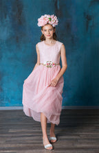 LA Merchandise LAZSLD1177 Girls Lace Scoop Neck High-Low A-Line Dress with Floral Belt - - Girls Formal Dresses LAZ