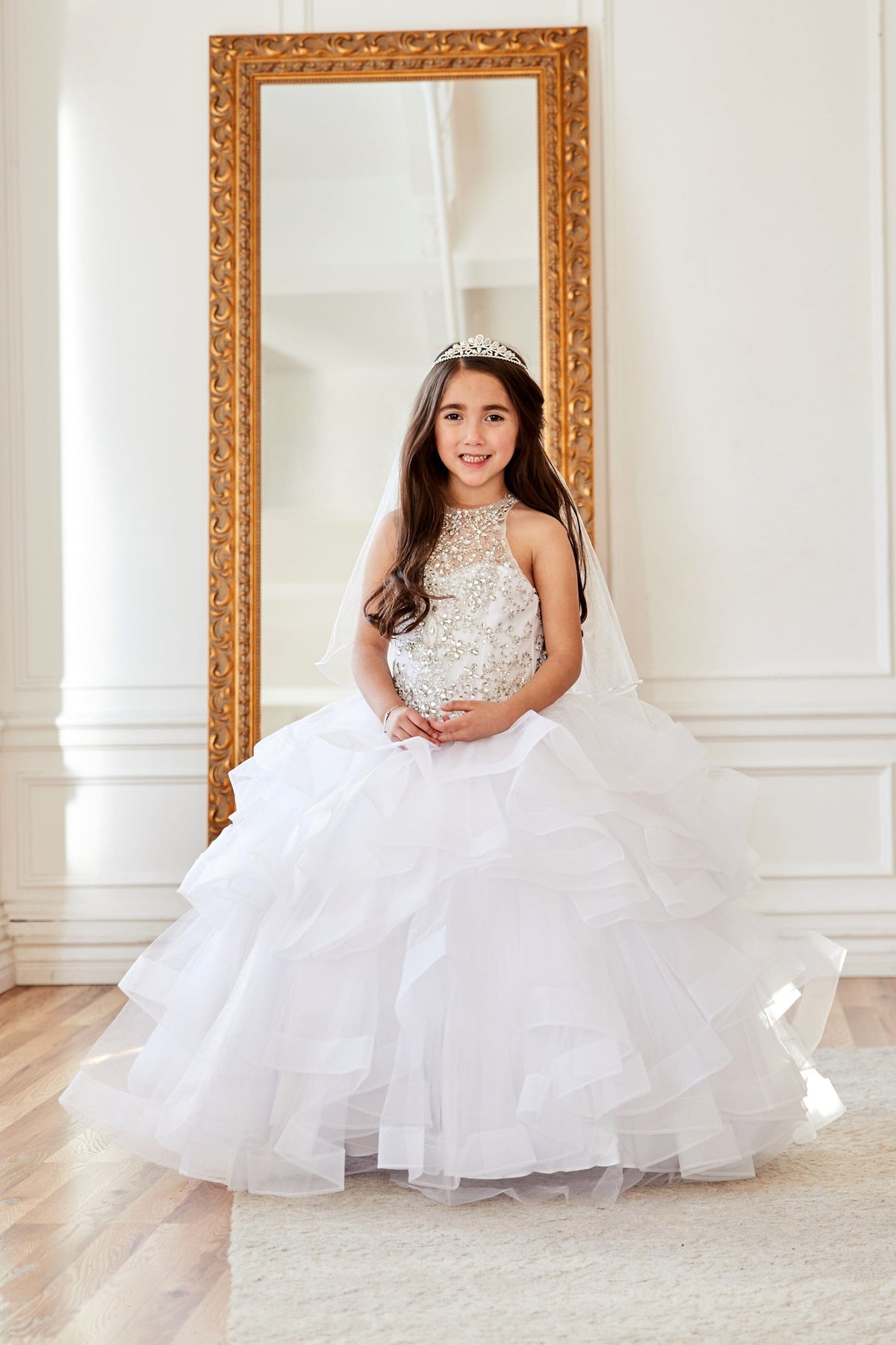 LA Merchandise LAZKY217 Girls Beaded High Neck Layered Ruffle Tulle Ball Gown - White - Girls Formal Dresses LAZ