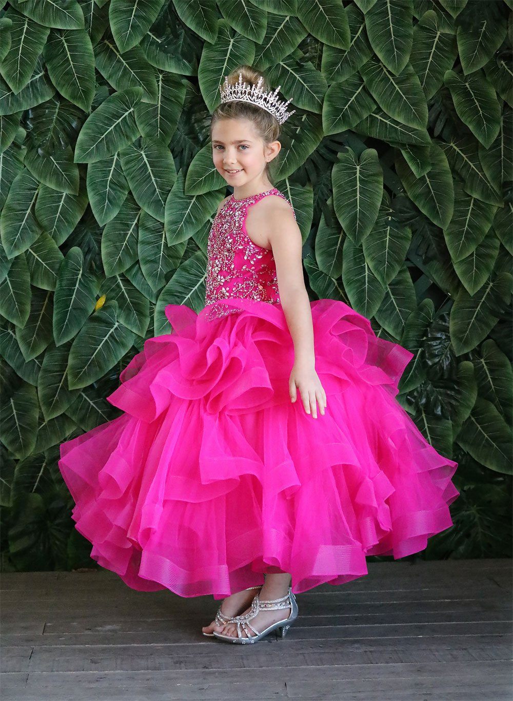 LA Merchandise LAZKY217 Girls Beaded High Neck Layered Ruffle Tulle Ball Gown - - Girls Formal Dresses LAZ