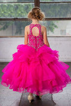 LA Merchandise LAZKY217 Girls Beaded High Neck Layered Ruffle Tulle Ball Gown - - Girls Formal Dresses LAZ