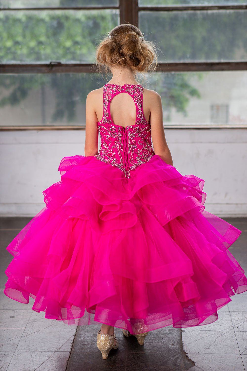LA Merchandise LAZKY217 Girls Beaded High Neck Layered Ruffle Tulle Ball Gown - - Girls Formal Dresses LAZ