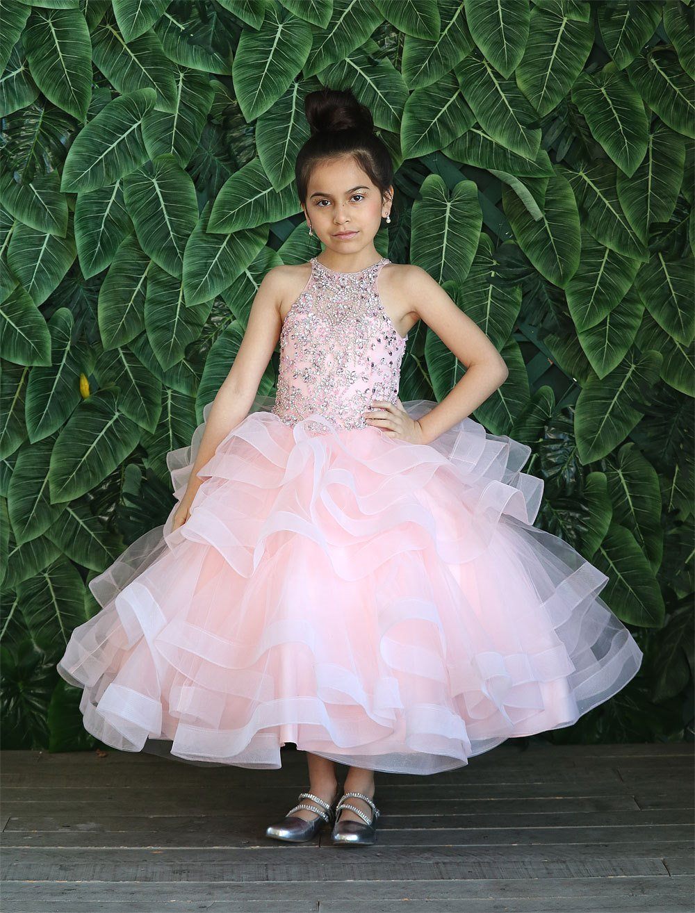 LA Merchandise LAZKY217 Girls Beaded High Neck Layered Ruffle Tulle Ball Gown - - Girls Formal Dresses LAZ