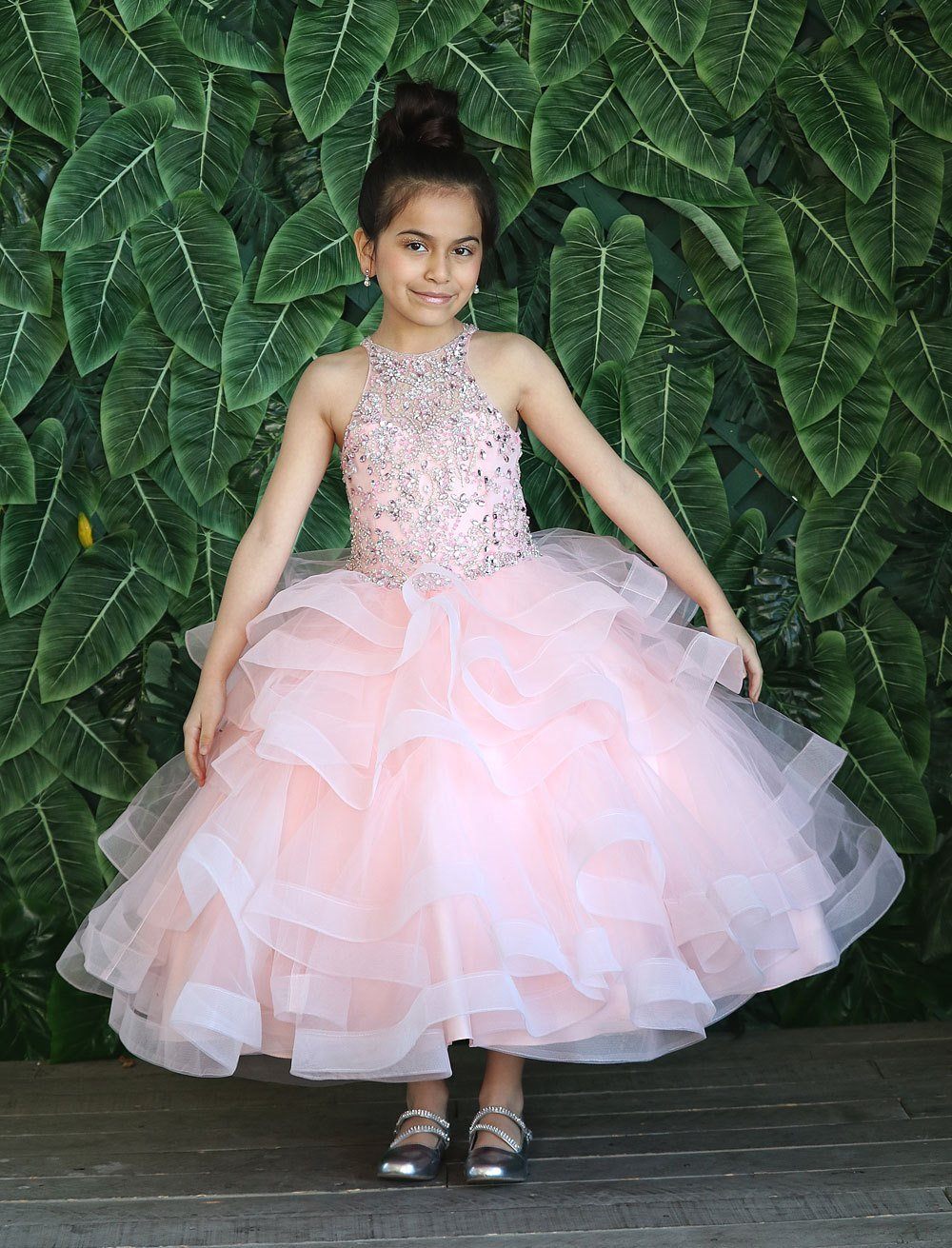 LA Merchandise LAZKY217 Girls Beaded High Neck Layered Ruffle Tulle Ball Gown - Blush Pink - Girls Formal Dresses LAZ