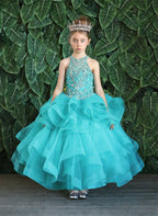 LA Merchandise LAZKY217 Girls Beaded High Neck Layered Ruffle Tulle Ball Gown - Capri - Girls Formal Dresses LAZ