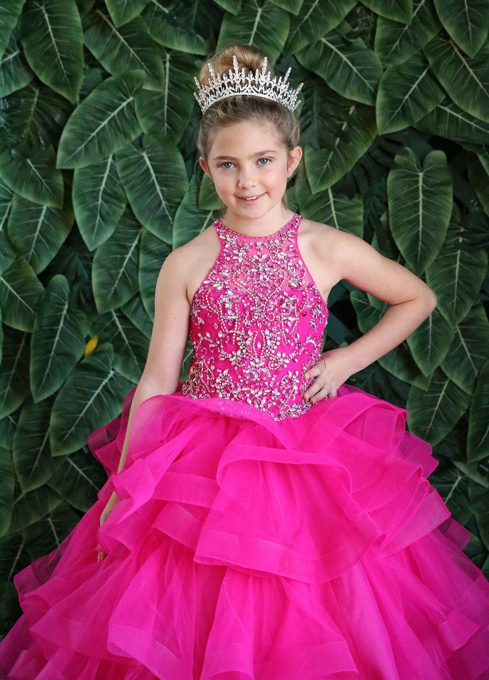 LA Merchandise LAZKY217 Girls Beaded High Neck Layered Ruffle Tulle Ball Gown - - Girls Formal Dresses LAZ