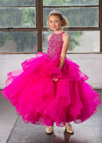 LA Merchandise LAZKY217 Girls Beaded High Neck Layered Ruffle Tulle Ball Gown - - Girls Formal Dresses LAZ