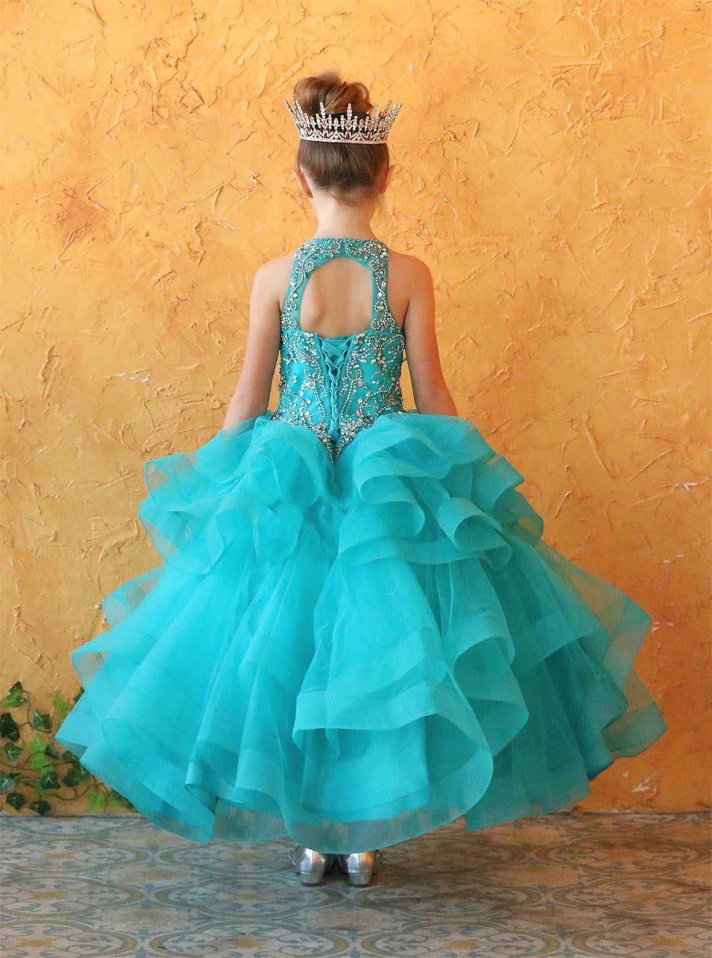LA Merchandise LAZKY217 Girls Beaded High Neck Layered Ruffle Tulle Ball Gown - - Girls Formal Dresses LAZ