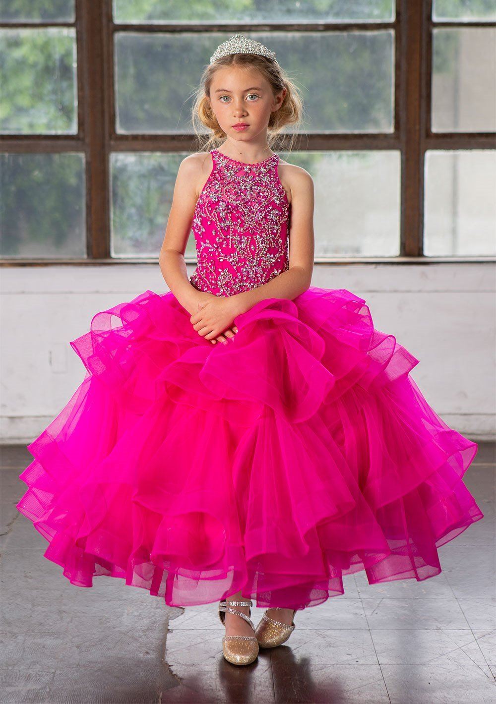 LA Merchandise LAZKY217 Girls Beaded High Neck Layered Ruffle Tulle Ball Gown - Magenta - Girls Formal Dresses LAZ