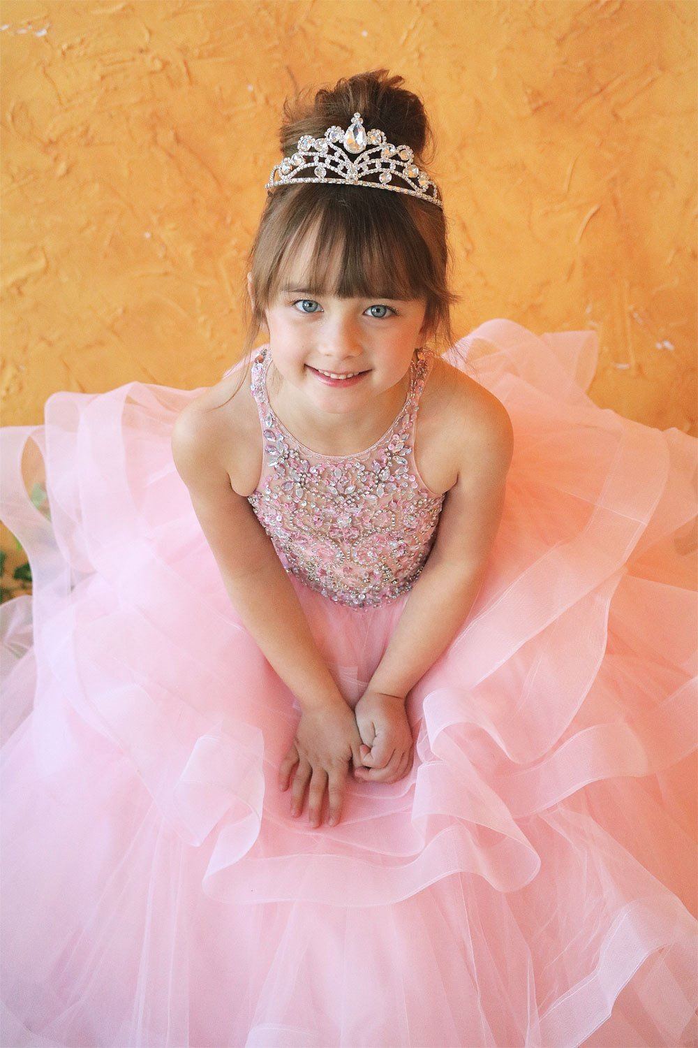 LA Merchandise LAZKY217 Girls Beaded High Neck Layered Ruffle Tulle Ball Gown - - Girls Formal Dresses LAZ