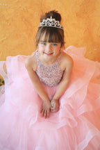 LA Merchandise LAZKY217 Girls Beaded High Neck Layered Ruffle Tulle Ball Gown - - Girls Formal Dresses LAZ