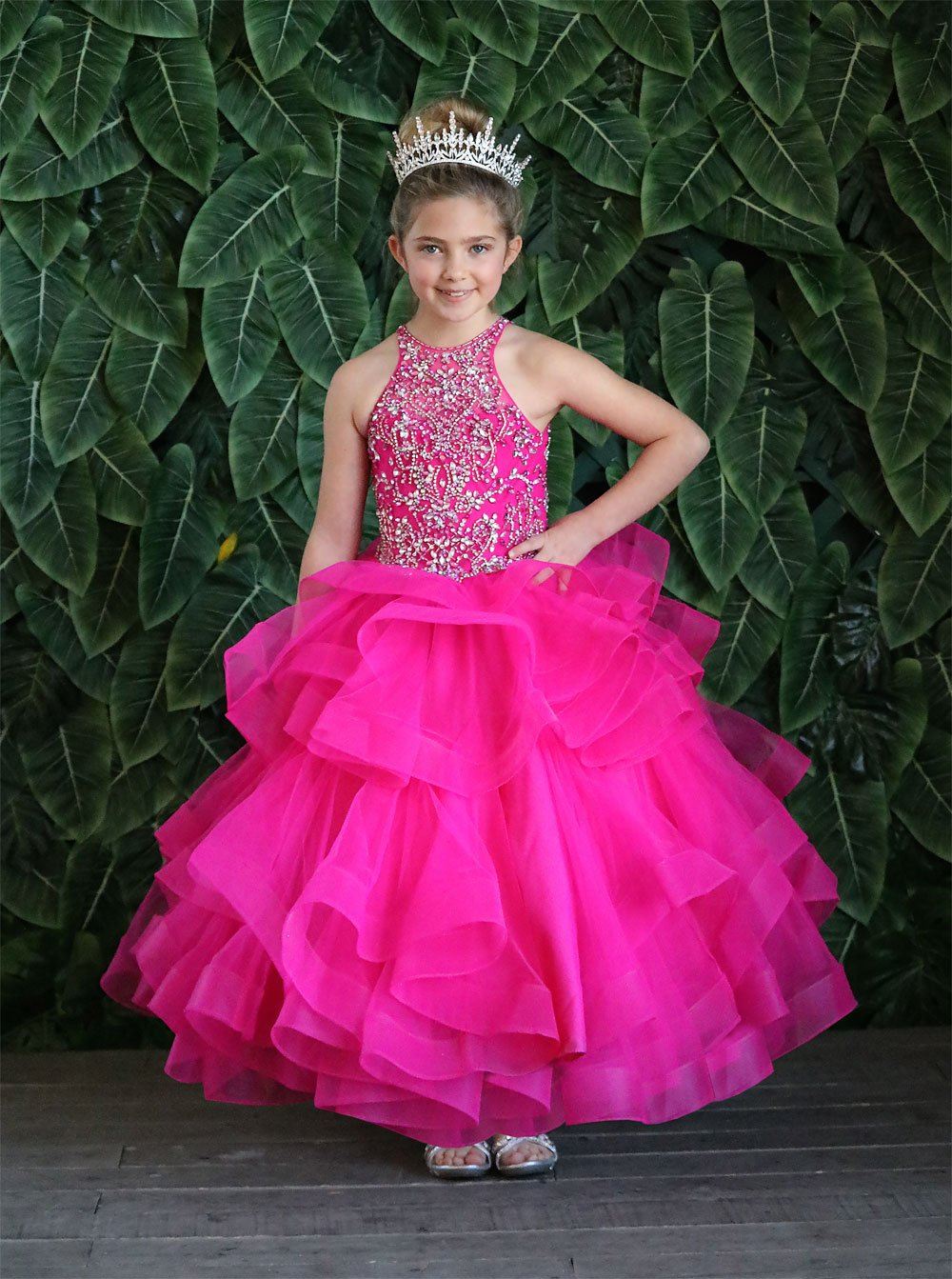 LA Merchandise LAZKY217 Girls Beaded High Neck Layered Ruffle Tulle Ball Gown - - Girls Formal Dresses LAZ