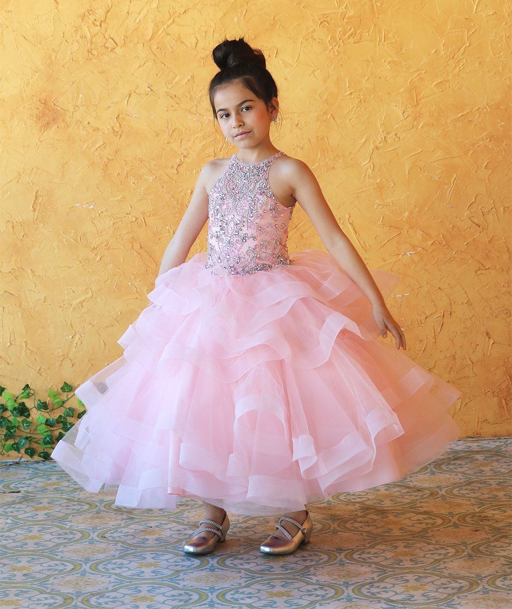 LA Merchandise LAZKY217 Girls Beaded High Neck Layered Ruffle Tulle Ball Gown - - Girls Formal Dresses LAZ