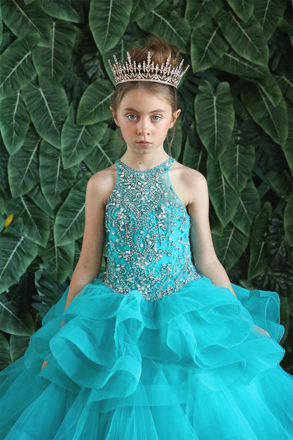 LA Merchandise LAZKY217 Girls Beaded High Neck Layered Ruffle Tulle Ball Gown - - Girls Formal Dresses LAZ