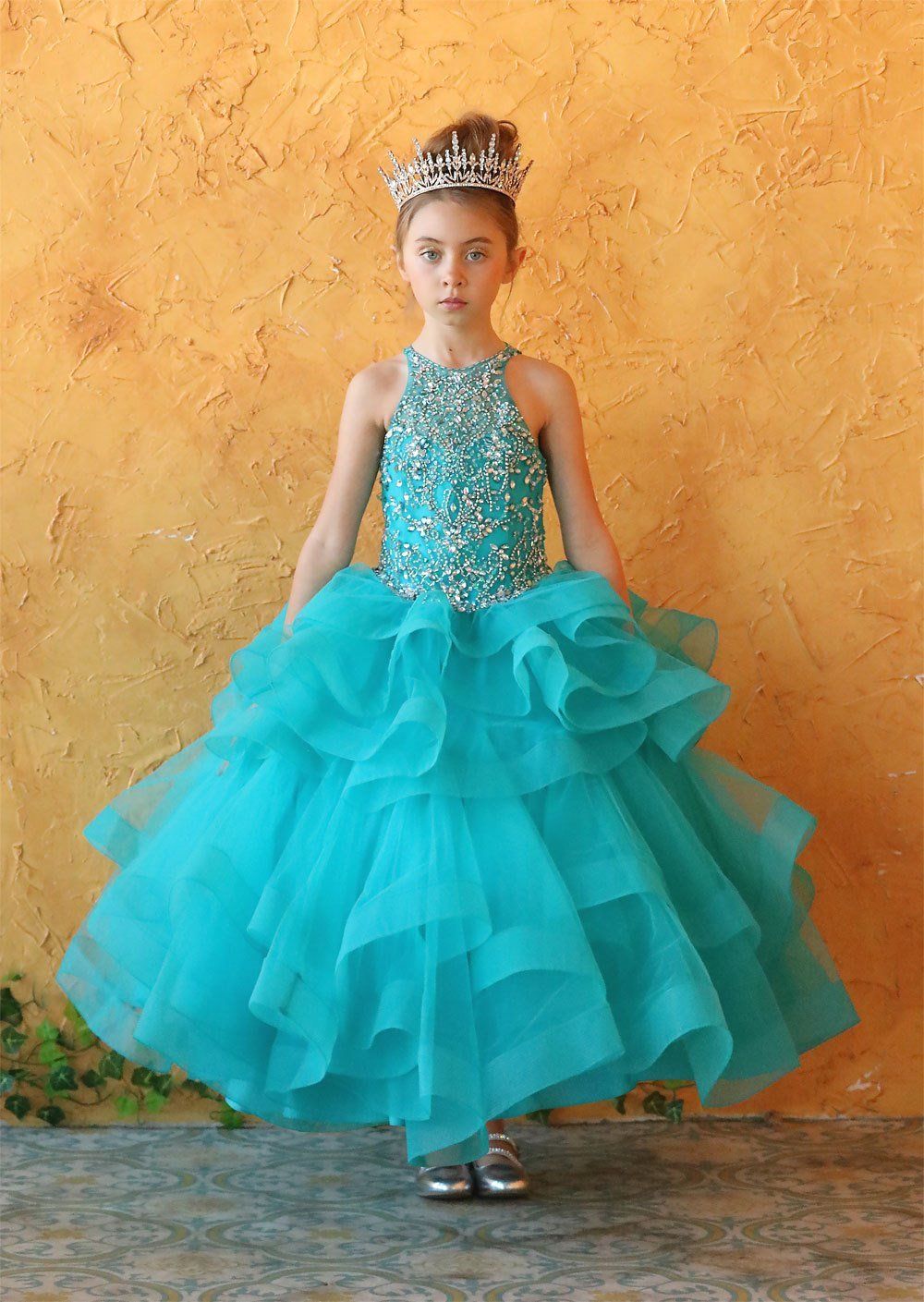 LA Merchandise LAZKY217 Girls Beaded High Neck Layered Ruffle Tulle Ball Gown - - Girls Formal Dresses LAZ