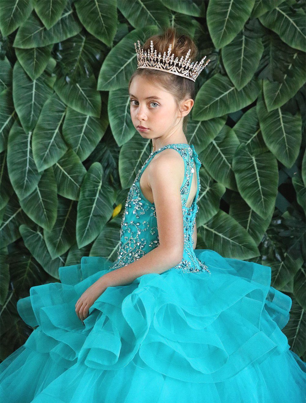 LA Merchandise LAZKY217 Girls Beaded High Neck Layered Ruffle Tulle Ball Gown - - Girls Formal Dresses LAZ