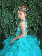 LA Merchandise LAZKY217 Girls Beaded High Neck Layered Ruffle Tulle Ball Gown - - Girls Formal Dresses LAZ
