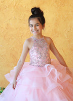 LA Merchandise LAZKY217 Girls Beaded High Neck Layered Ruffle Tulle Ball Gown - - Girls Formal Dresses LAZ