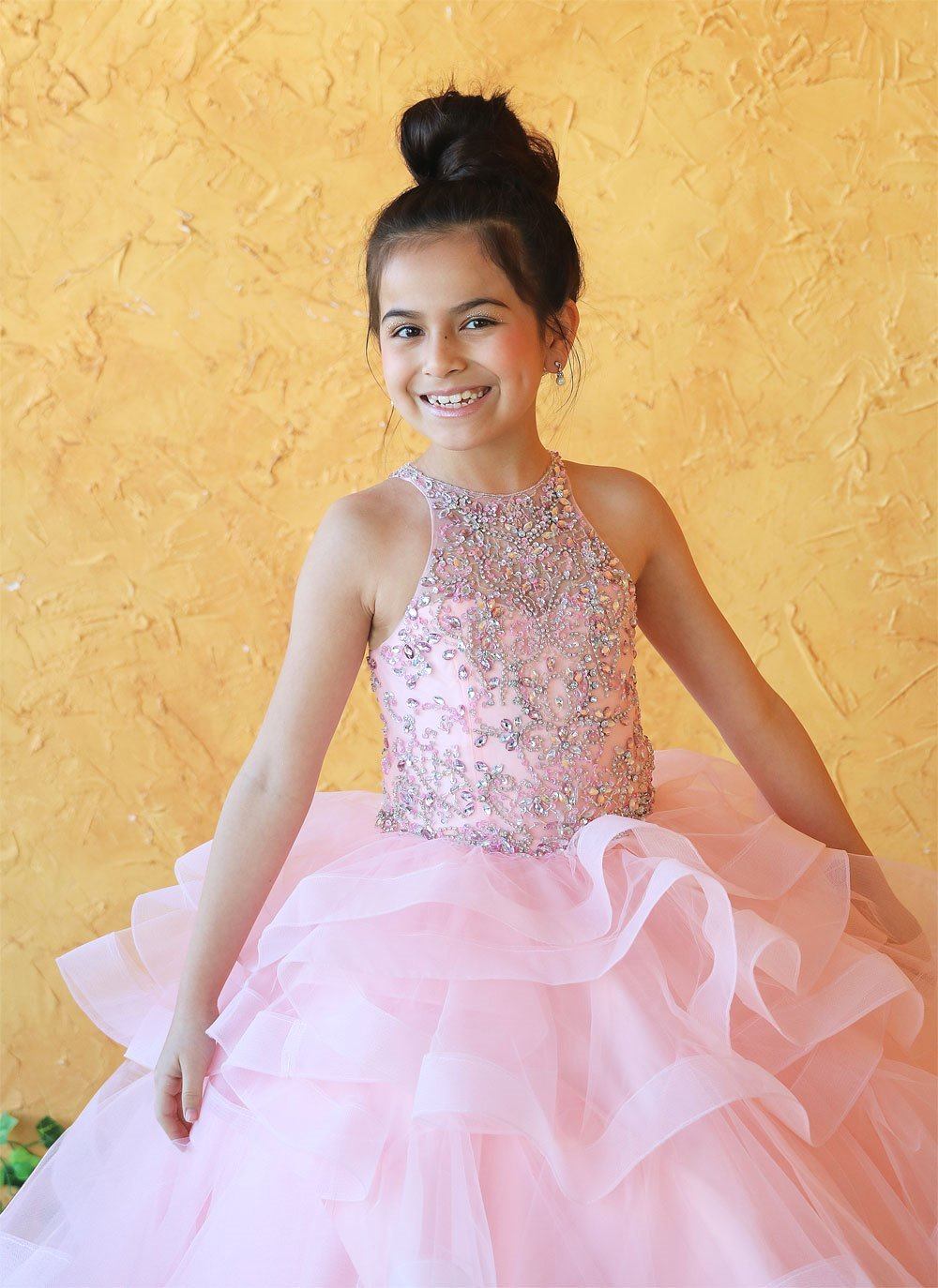 LA Merchandise LAZKY217 Girls Beaded High Neck Layered Ruffle Tulle Ball Gown - - Girls Formal Dresses LAZ