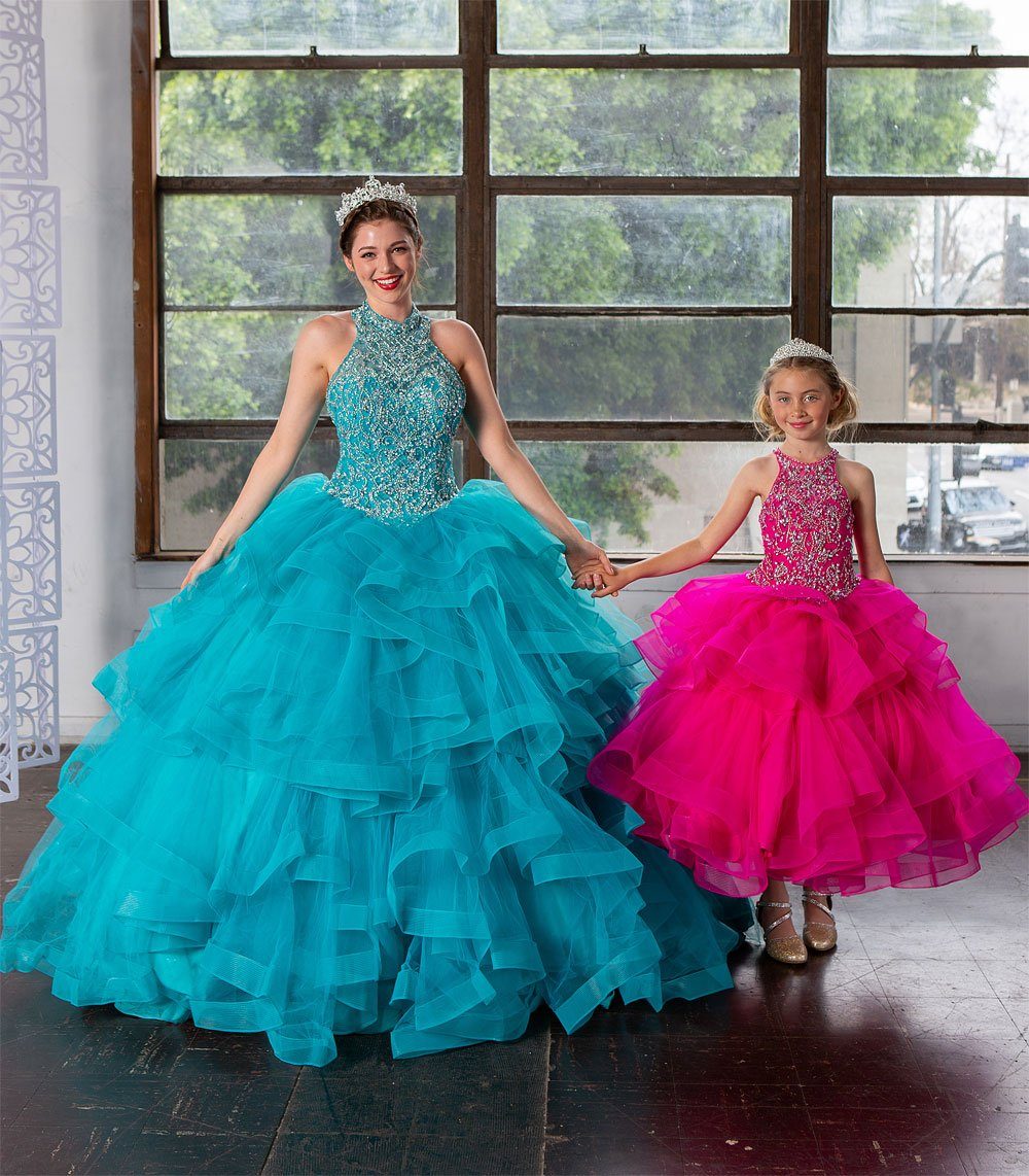 LA Merchandise LAZKY217 Girls Beaded High Neck Layered Ruffle Tulle Ball Gown - - Girls Formal Dresses LAZ
