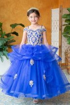 LA Merchandise LAZKY223 Girls Embroidered Cold Shoulder Layered Glitter Tulle Gown - - Girls Formal Dresses LAZ