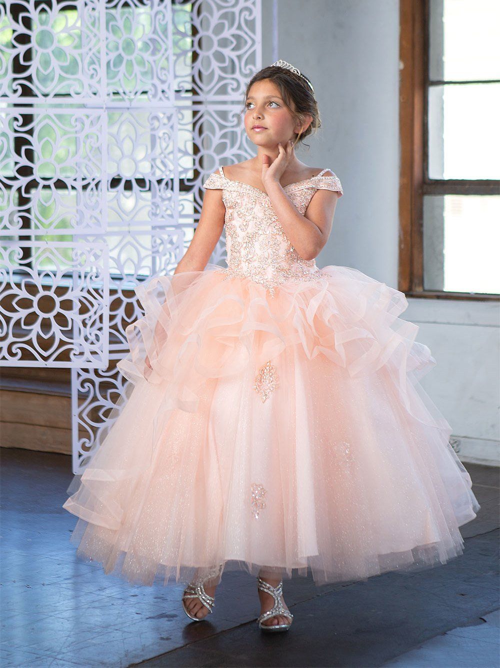 LA Merchandise LAZKY223 Girls Embroidered Cold Shoulder Layered Glitter Tulle Gown - - Girls Formal Dresses LAZ