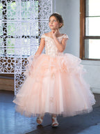 LA Merchandise LAZKY223 Girls Embroidered Cold Shoulder Layered Glitter Tulle Gown - - Girls Formal Dresses LAZ