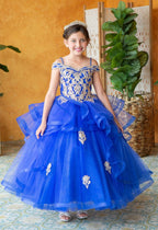 LA Merchandise LAZKY223 Girls Embroidered Cold Shoulder Layered Glitter Tulle Gown - Royal Blue - Girls Formal Dresses LAZ