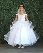 LA Merchandise LAZKY223 Girls Embroidered Cold Shoulder Layered Glitter Tulle Gown - White - Girls Formal Dresses LAZ