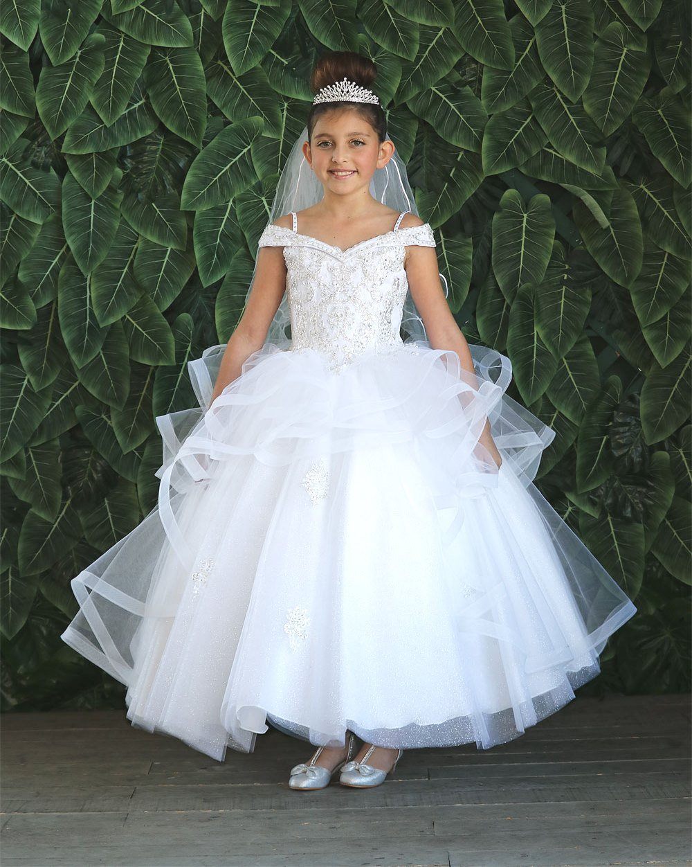 LA Merchandise LAZKY223 Girls Embroidered Cold Shoulder Layered Glitter Tulle Gown - White - Girls Formal Dresses LAZ