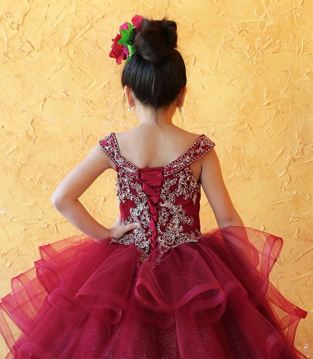 LA Merchandise LAZKY223 Girls Embroidered Cold Shoulder Layered Glitter Tulle Gown - - Girls Formal Dresses LAZ