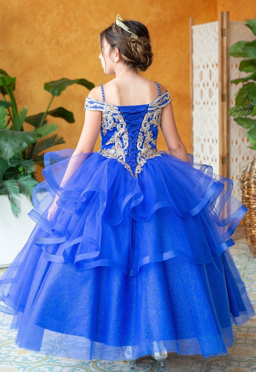 LA Merchandise LAZKY223 Girls Embroidered Cold Shoulder Layered Glitter Tulle Gown - - Girls Formal Dresses LAZ