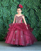 LA Merchandise LAZKY223 Girls Embroidered Cold Shoulder Layered Glitter Tulle Gown - - Girls Formal Dresses LAZ