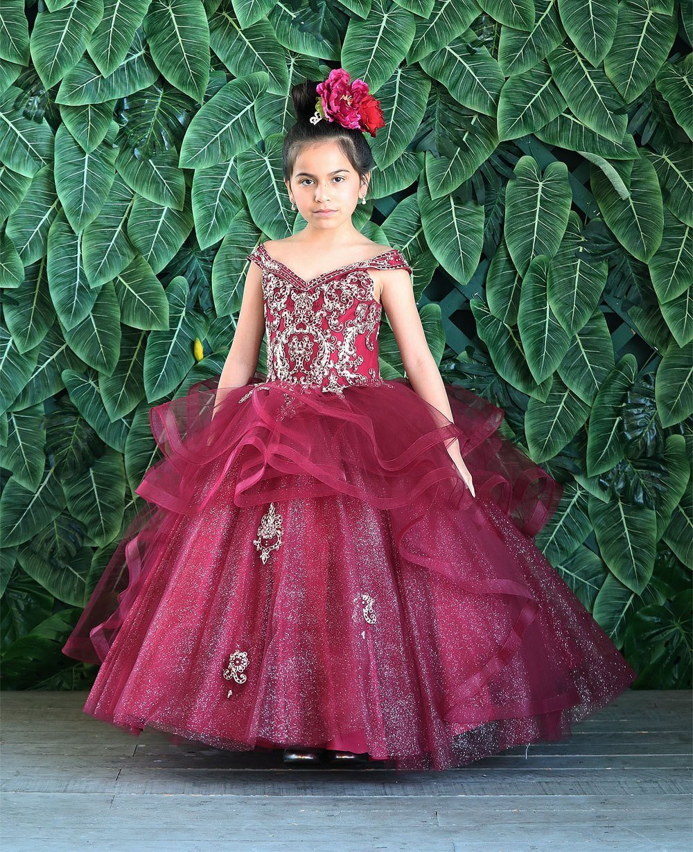 LA Merchandise LAZKY223 Girls Embroidered Cold Shoulder Layered Glitter Tulle Gown - - Girls Formal Dresses LAZ