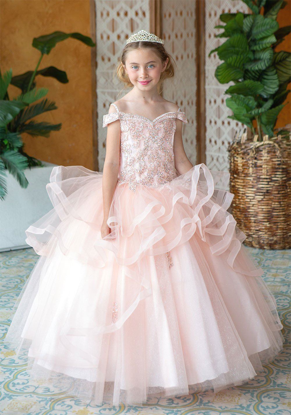 LA Merchandise LAZKY223 Girls Embroidered Cold Shoulder Layered Glitter Tulle Gown - Blush Pink - Girls Formal Dresses LAZ