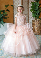 LA Merchandise LAZKY223 Girls Embroidered Cold Shoulder Layered Glitter Tulle Gown - Blush Pink - Girls Formal Dresses LAZ