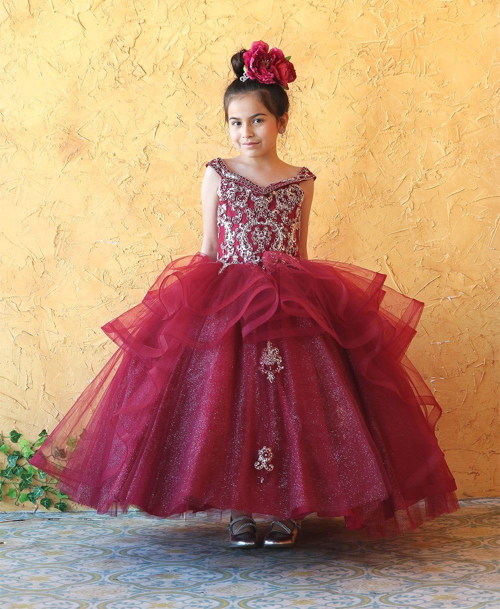 LA Merchandise LAZKY223 Girls Embroidered Cold Shoulder Layered Glitter Tulle Gown - Burgundy - Girls Formal Dresses LAZ