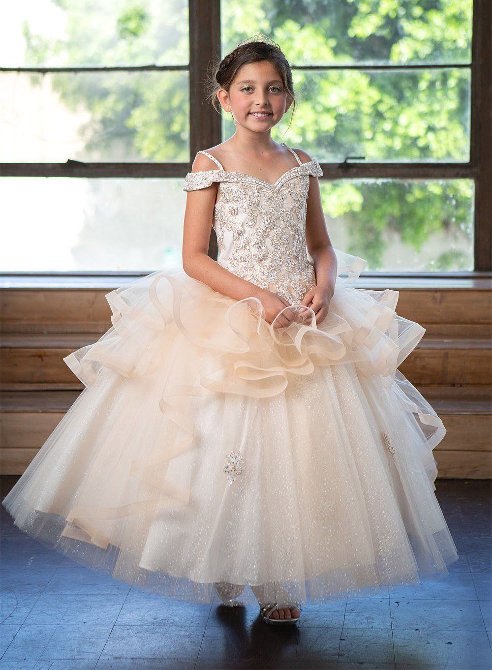 LA Merchandise LAZKY223 Girls Embroidered Cold Shoulder Layered Glitter Tulle Gown - Champagne - Girls Formal Dresses LAZ