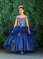 LA Merchandise LAZKY223 Girls Embroidered Cold Shoulder Layered Glitter Tulle Gown - Navy Blue - Girls Formal Dresses LAZ
