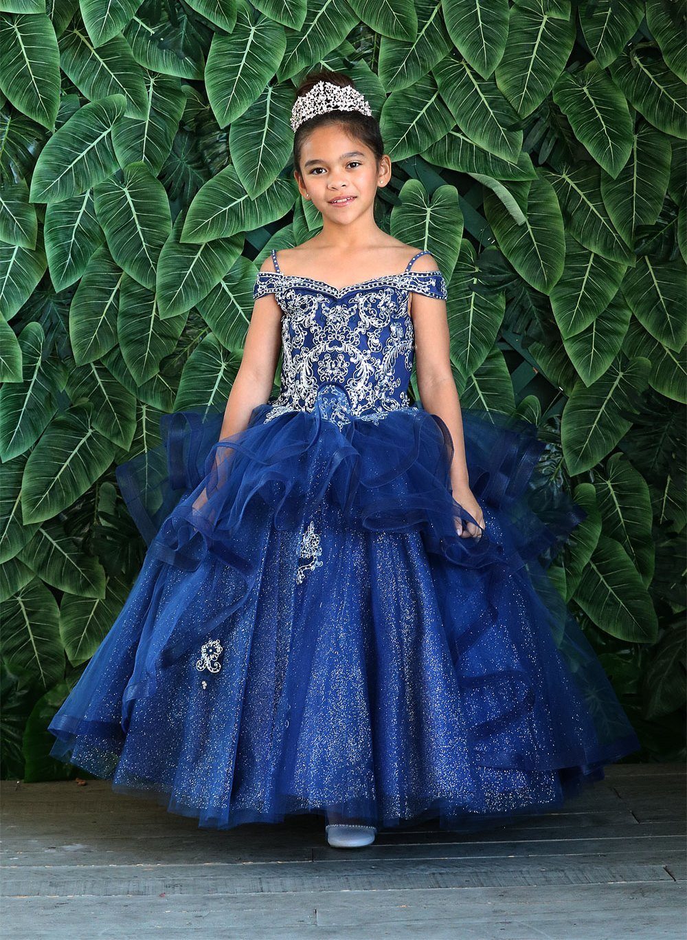LA Merchandise LAZKY223 Girls Embroidered Cold Shoulder Layered Glitter Tulle Gown - Navy Blue - Girls Formal Dresses LAZ
