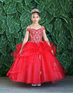 LA Merchandise LAZKY223 Girls Embroidered Cold Shoulder Layered Glitter Tulle Gown - Red - Girls Formal Dresses LAZ
