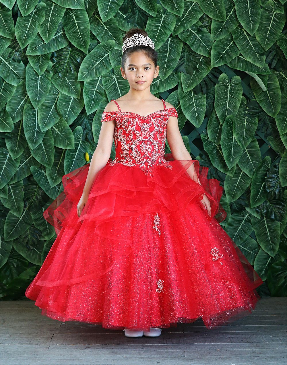 LA Merchandise LAZKY223 Girls Embroidered Cold Shoulder Layered Glitter Tulle Gown - Red - Girls Formal Dresses LAZ