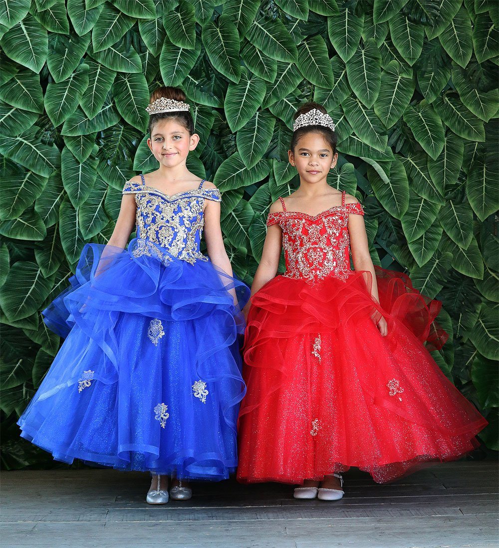 LA Merchandise LAZKY223 Girls Embroidered Cold Shoulder Layered Glitter Tulle Gown - - Girls Formal Dresses LAZ
