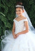 LA Merchandise LAZKY223 Girls Embroidered Cold Shoulder Layered Glitter Tulle Gown - - Girls Formal Dresses LAZ