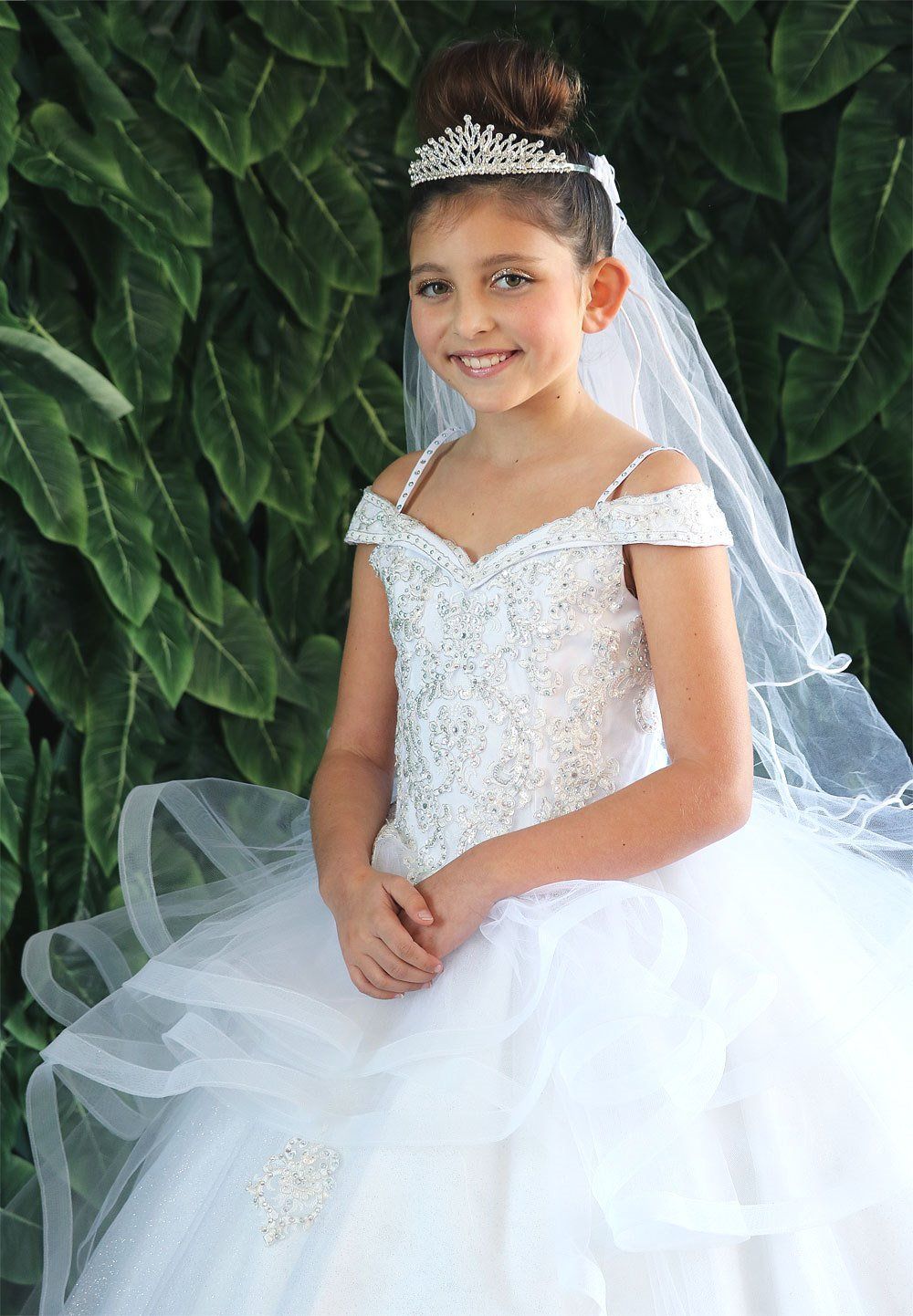 LA Merchandise LAZKY223 Girls Embroidered Cold Shoulder Layered Glitter Tulle Gown - - Girls Formal Dresses LAZ