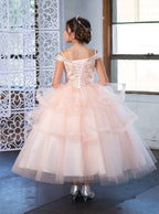 LA Merchandise LAZKY223 Girls Embroidered Cold Shoulder Layered Glitter Tulle Gown - - Girls Formal Dresses LAZ