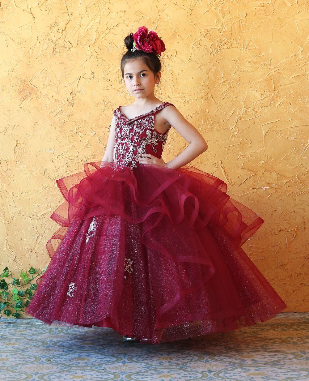 LA Merchandise LAZKY223 Girls Embroidered Cold Shoulder Layered Glitter Tulle Gown - - Girls Formal Dresses LAZ