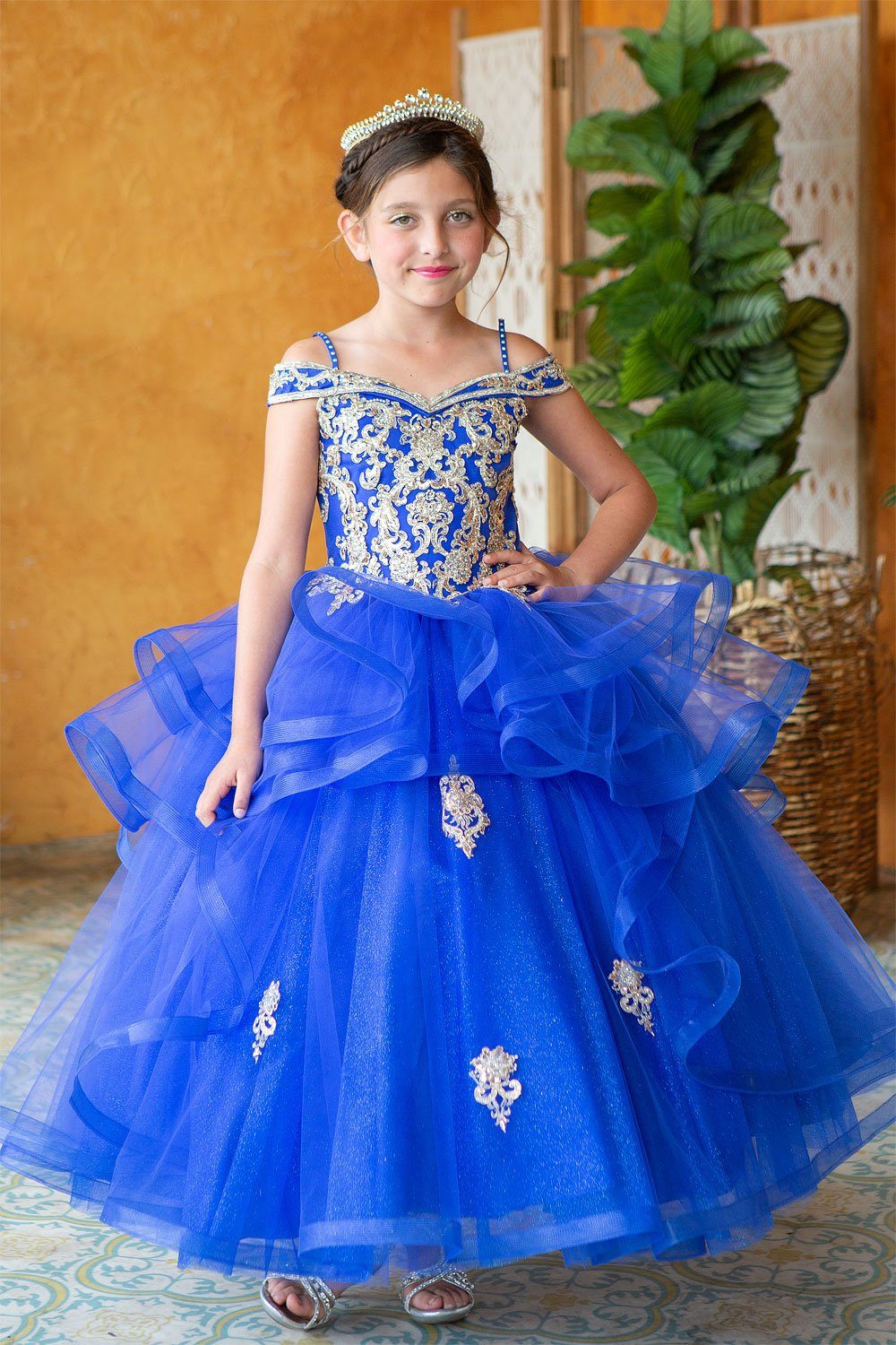 LA Merchandise LAZKY223 Girls Embroidered Cold Shoulder Layered Glitter Tulle Gown - - Girls Formal Dresses LAZ