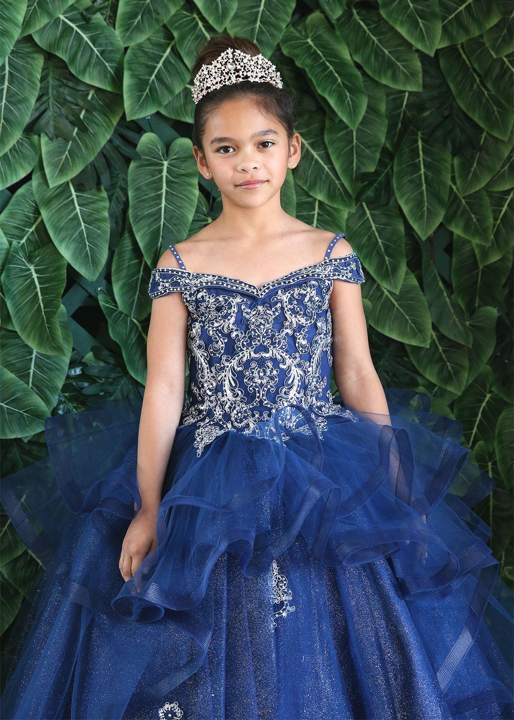 LA Merchandise LAZKY223 Girls Embroidered Cold Shoulder Layered Glitter Tulle Gown - - Girls Formal Dresses LAZ